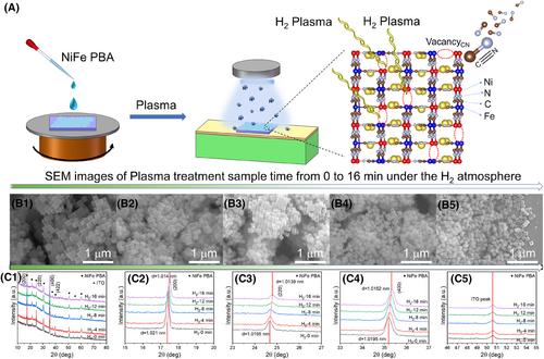 Enhancing oxygen evolution reaction via hydrogen plasma treatment: Unveiling the functionality of CN defects and the role of Fe in NiFe Prussian blue analogs