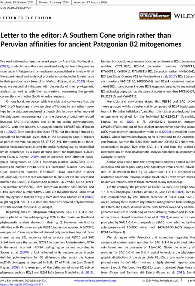 Letter to the editor: A Southern Cone origin rather than Peruvian affinities for ancient Patagonian B2 mitogenomes