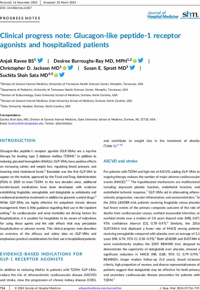 Clinical progress note: Glucagon-like peptide-1 receptor agonists and hospitalized patients