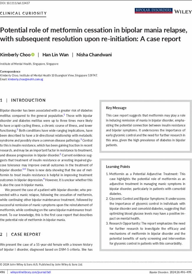 Potential role of metformin cessation in bipolar mania relapse, with subsequent resolution upon re-initiation: A case report