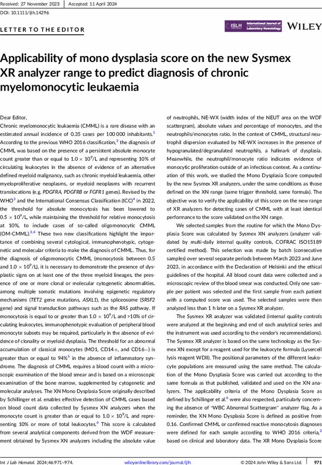 Applicability of mono dysplasia score on the new Sysmex XR analyzer range to predict diagnosis of chronic myelomonocytic leukaemia