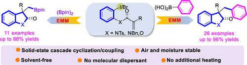EMM-Promoted Pd-Catalyzed Solid State Intramolecular Heck-Type Cyclization/Boronation and Suzuki Couplings: Access to Functionalized Indolines