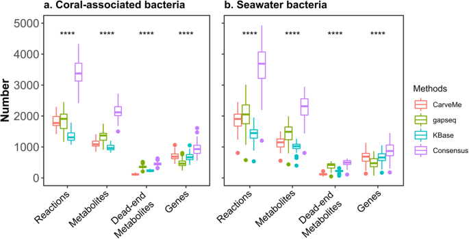 Comparative analysis of metabolic models of microbial communities reconstructed from automated tools and consensus approaches.