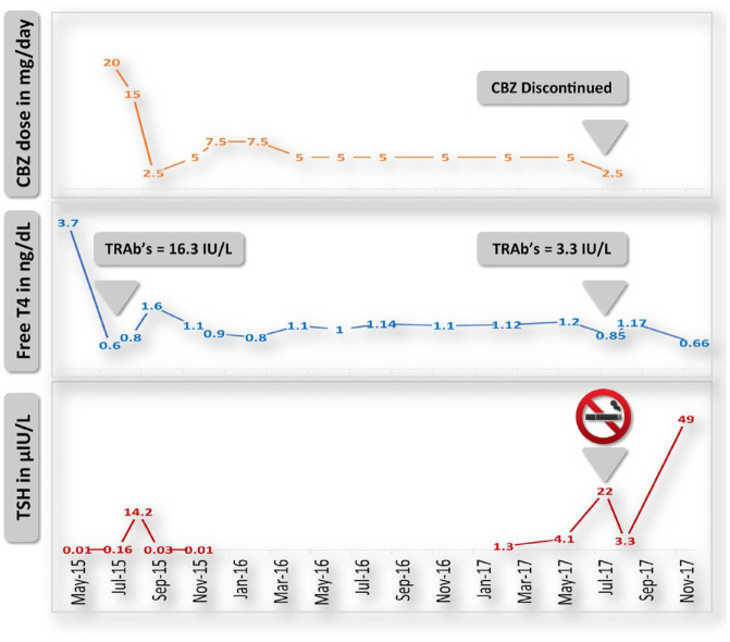 Quitting smoking as a probable trigger for new-onset hypothyroidism after successful medical treatment of Graves' disease: case report.