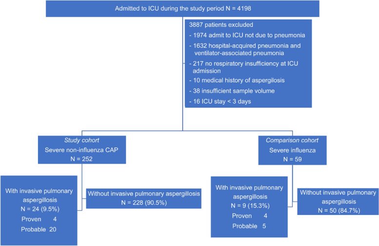 Invasive pulmonary aspergillosis among patients with severe community-acquired pneumonia and influenza in ICUs: a retrospective cohort study.