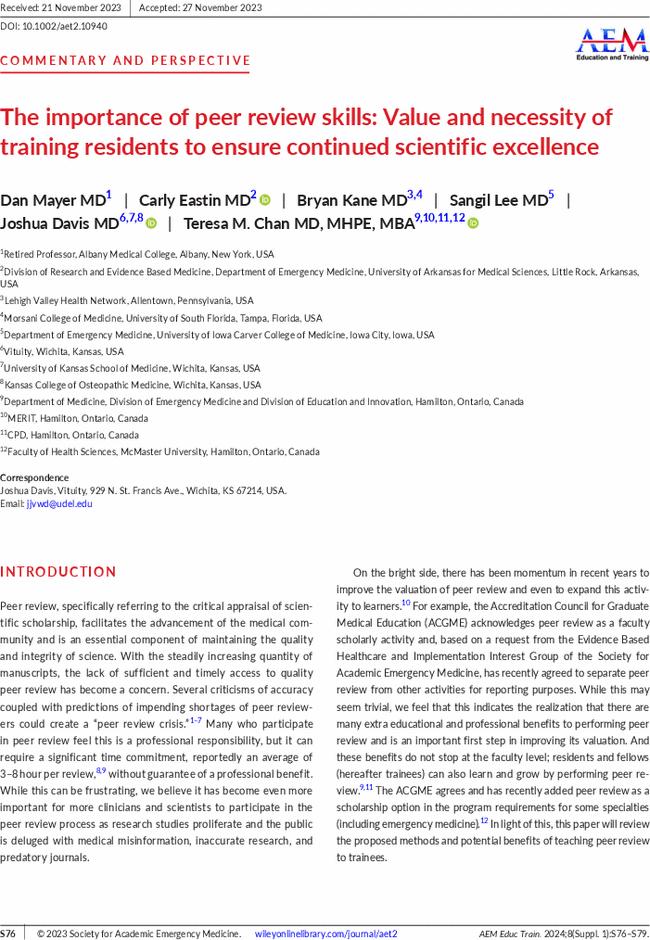 The importance of peer review skills: Value and necessity of training residents to ensure continued scientific excellence