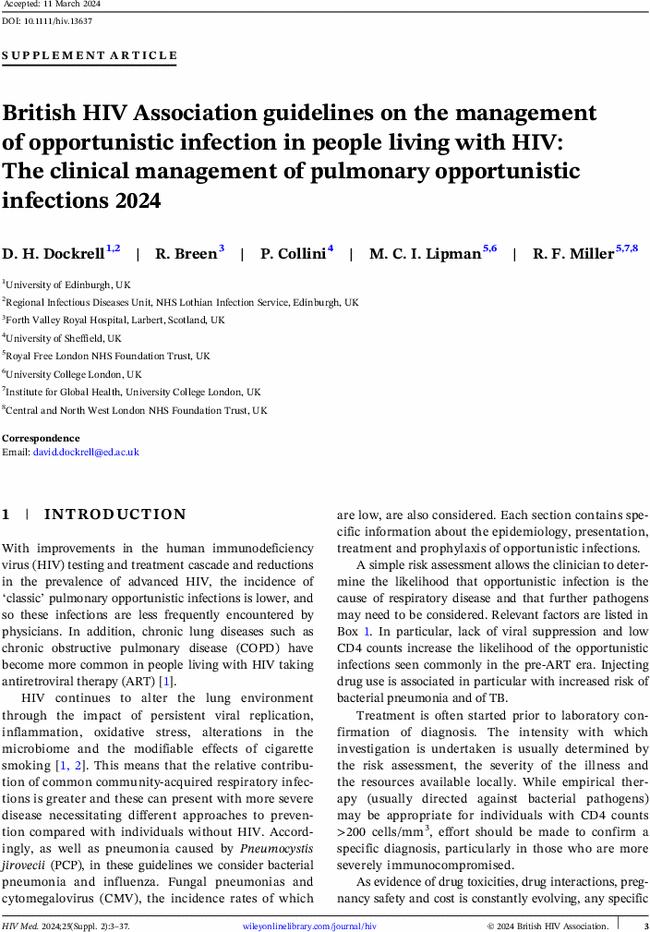 British HIV Association guidelines on the management of opportunistic infection in people living with HIV: The clinical management of pulmonary opportunistic infections 2024