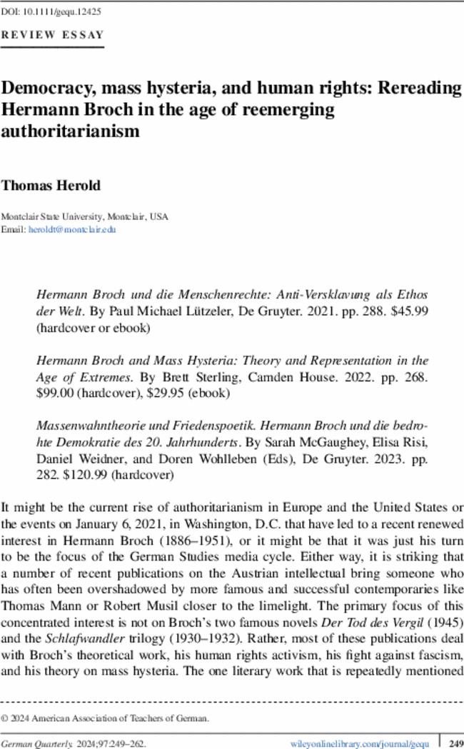 Democracy, mass hysteria, and human rights: Rereading Hermann Broch in the age of reemerging authoritarianism