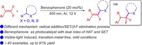 Two-in-One Role of Benzophenone in Photoinduced C(sp3)–H Monofluoralkenylation: Hydrogen-Atom Transfer and Single-Electron Transfer