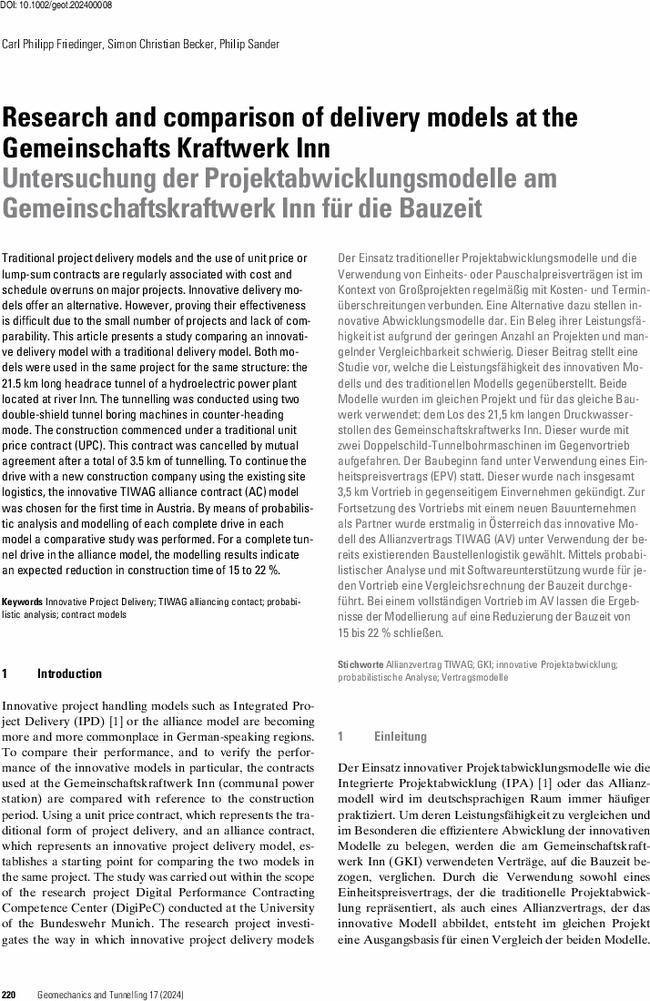 Research and comparison of delivery models at the Gemeinschafts Kraftwerk Inn
      Untersuchung der Projektabwicklungsmodelle am Gemeinschaftskraftwerk Inn für die Bauzeit