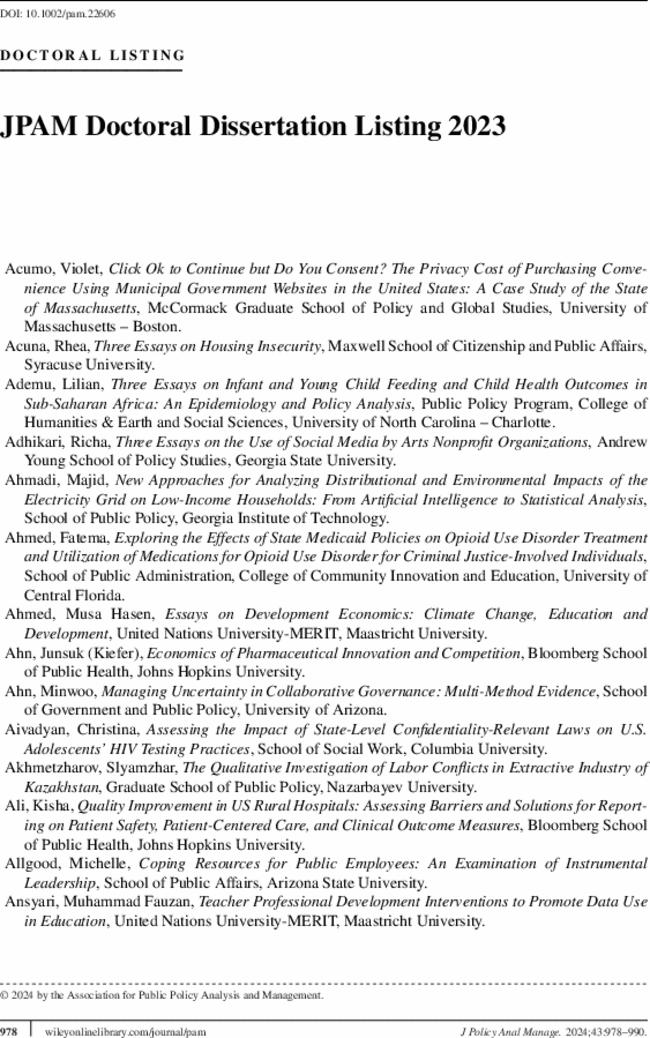 JPAM Doctoral Dissertation Listing 2023