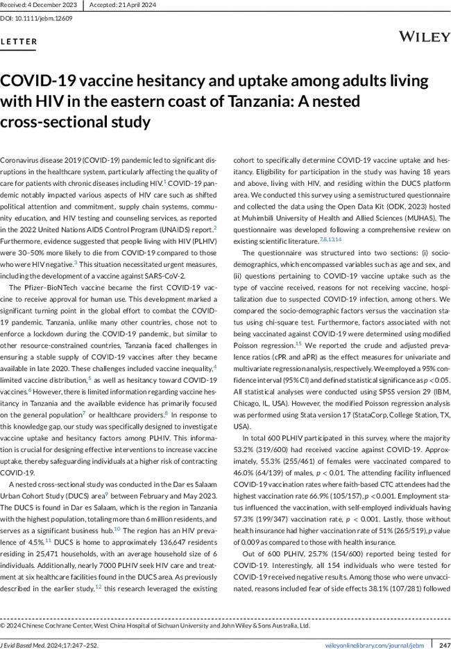 COVID-19 vaccine hesitancy and uptake among adults living with HIV in the eastern coast of Tanzania: A nested cross-sectional study