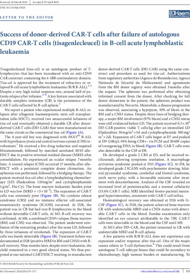 Success of donor-derived CAR-T cells after failure of autologous CD19 CAR-T cells (tisagenlecleucel) in B-cell acute lymphoblastic leukaemia