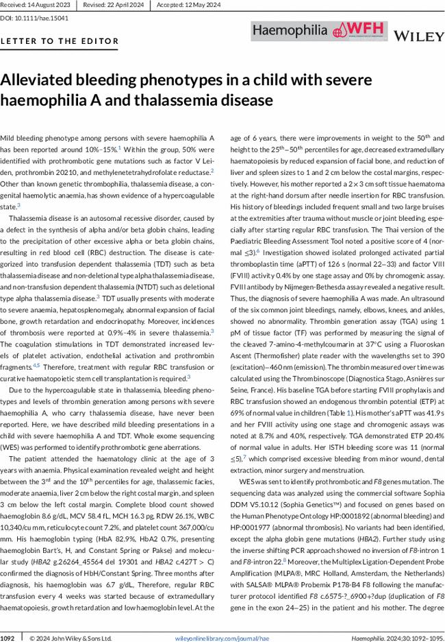 Alleviated bleeding phenotypes in a child with severe haemophilia A and thalassemia disease