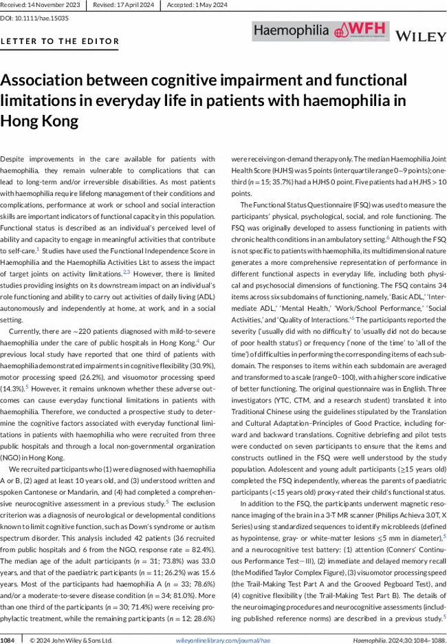 Association between cognitive impairment and functional limitations in everyday life in patients with haemophilia in Hong Kong