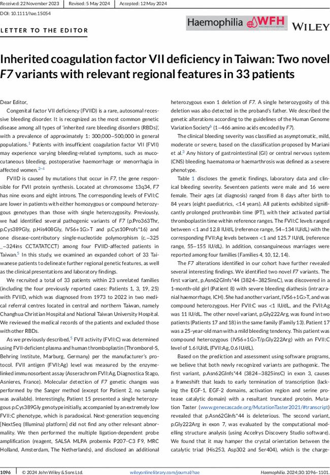 Inherited coagulation factor VII deficiency in Taiwan: Two novel F7 variants with relevant regional features in 33 patients