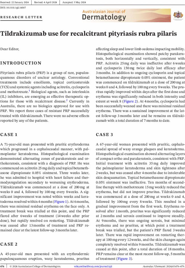 Tildrakizumab use for recalcitrant pityriasis rubra pilaris