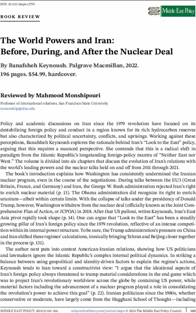 The World Powers and Iran: Before, During, and After the Nuclear Deal By  Banafsheh Keynoush. Palgrave Macmillan,  2022.  196 pages. $54.99, hardcover.