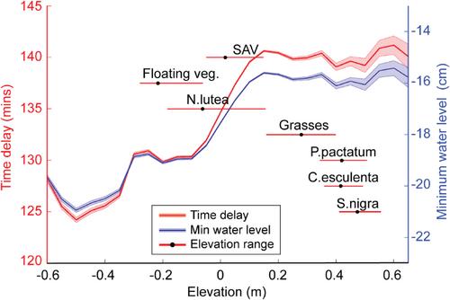 Vegetation promotes flow retardation and retention in deltaic wetlands