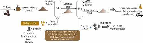 Recovery of valuable compounds from spent coffee grounds using compressed propane/butane followed by scCO2 plus solvent extraction