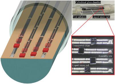 Patterned Liquid Micro Rails for the Transport of Micrometer Sized Chips