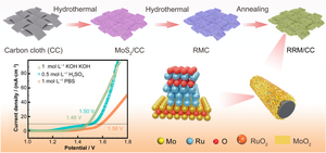 Construction of RuO2-Ru/MoO2@carbon cloth bifunctional electrocatalyst for efficient overall water splitting