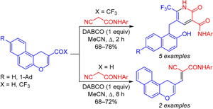 A reaction of 2-carbonyl-substituted 1H-benzo[f]chromenes with N-arylamides of cyanoacetic acid