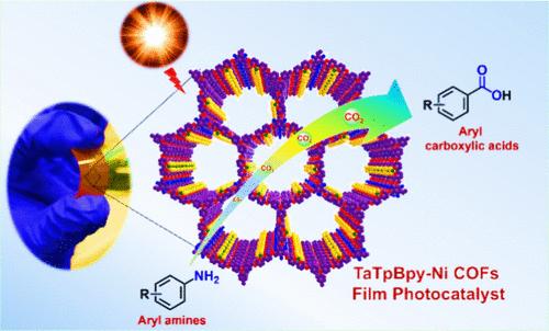 Solar Carboxylation Using CO2: Interfacially Synthesized Flexible Covalent Organic Frameworks Film as a Photocatalyst for Highly Selective Solar Carboxylation of Arylamines with CO2