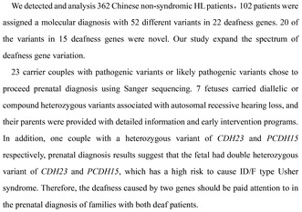 Mutation spectrum of hearing loss patients in Northwest China: Identification of 20 novel variants.