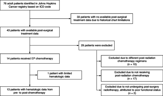 Postradiation platinum-etoposide in adult medulloblastomas: retrospective analysis of hematological toxicity.