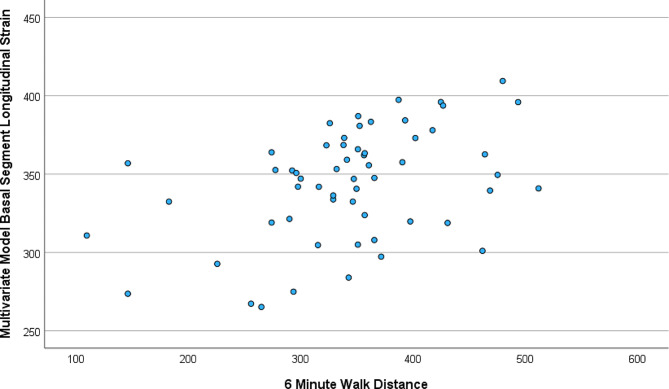 Longitudinal strain correlates with 6-minute walk distance whereas ejection fraction and diastolic parameters do not.