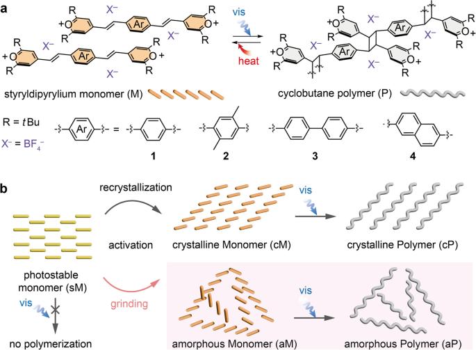 Mechanoactivated amorphization and photopolymerization of styryldipyryliums