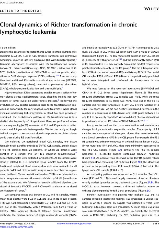 Clonal dynamics of Richter transformation in chronic lymphocytic leukemia