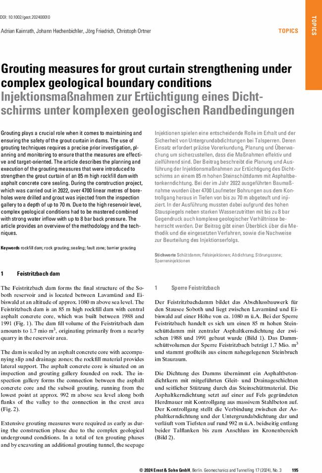 Grouting measures for grout curtain strengthening under complex geological boundary conditions
      Injektionsmaßnahmen zur Ertüchtigung eines Dichtschirms unter komplexen geologischen Randbedingungen