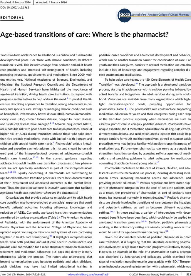 Age-based transitions of care: Where is the pharmacist?