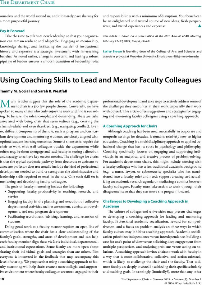 Using Coaching Skills to Lead and Mentor Faculty Colleagues