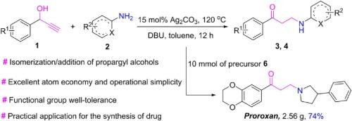 Silver(I)-catalyzed and DBU-promoted isomerization/addition of propargyl alcohols to amines to access β-aminoketones