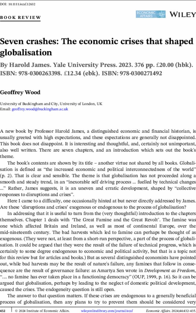 Seven crashes: The economic crises that shaped globalisation By  Harold James. Yale University Press.  2023. 376 pp. £20.00 (hbk). ISBN: 978-0300263398. £12.34 (ebk). ISBN: 978-0300271492