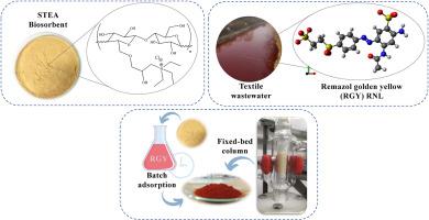 Removal of a model reactive azo dye from aqueous solution by a bioadsorbent in batch and fixed-bed column modes: Application of the developed technology to a textile wastewater