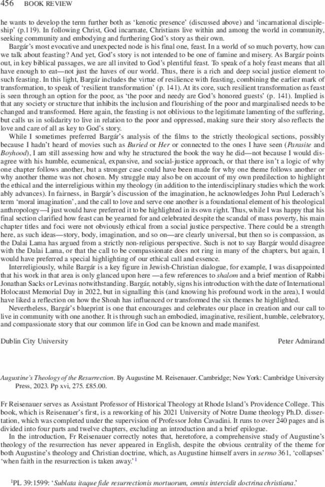 Augustine's Theology of the Resurrection. By  Augustine M. Reisenauer. Cambridge; New York: Cambridge University Press,  2023. Pp  xvi, 275. £85.00.