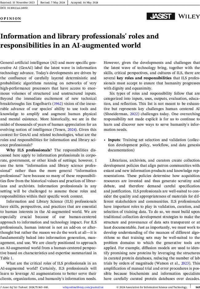 Information and library professionals' roles and responsibilities in an AI-augmented world