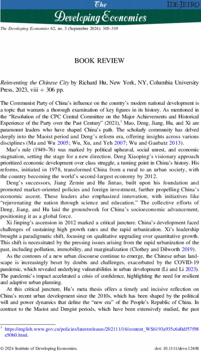 Reinventing the Chinese City by  Richard Hu, New York, NY, Columbia University Press,  2023,  viii + 306 pp.