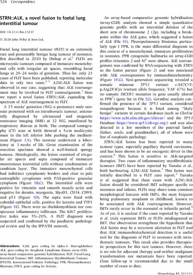 STRN::ALK, a novel fusion to foetal lung interstitial tumour