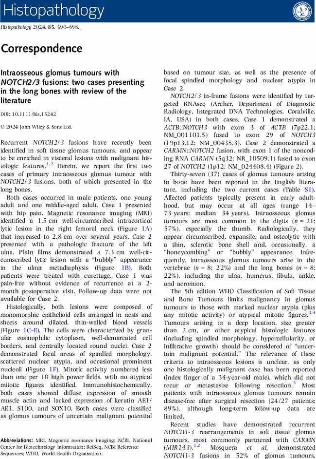 Intraosseous glomus tumours with NOTCH2/3 fusions: two cases presenting in the long bones with review of the literature