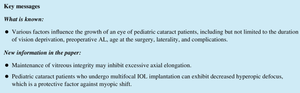 Comparison of the axial growth with multifocal and monofocal intraocular lenses in unilateral pediatric cataract surgery.