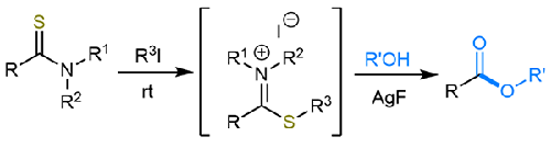 Efficient Synthesis of Esters by Cleavage of C–S and C–N Bonds via Alkylation and Activation of Thioamides