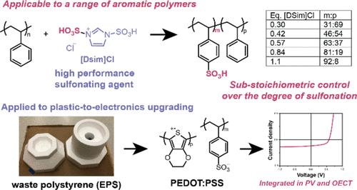 Imidazolium-Based Sulfonating Agent to Control the Degree of Sulfonation of Aromatic Polymers and Enable Plastics-to-Electronics Upgrading