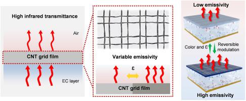 Carbon nanotube-grid infrared transparent electrodes for flexible electrochromic devices with visible to mid-infrared dual-band modulation