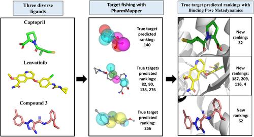 Leveraging binding pose metadynamics to optimise target fishing predictions for three diverse ligands and their true targets