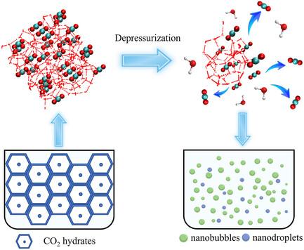 Fate of Nanobubbles Generated from CO2–Hydrate Dissociation: Coexistence with Nanodroplets—A Combined Investigation from Experiment and Molecular Dynamics Simulations